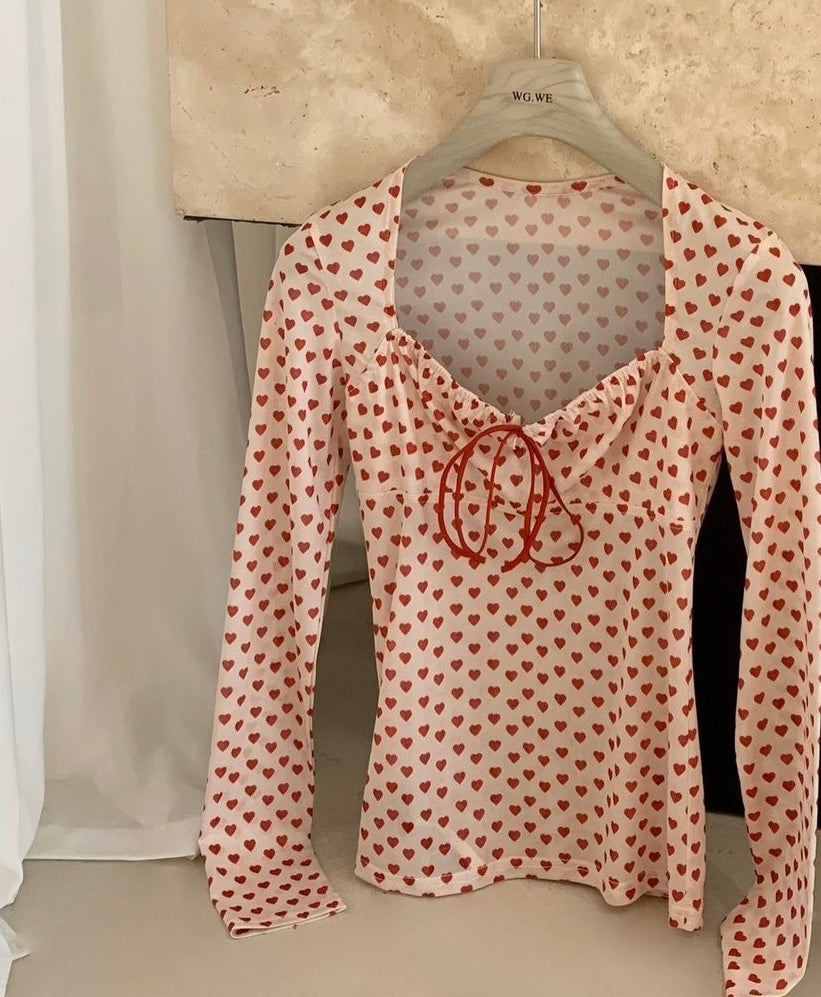 Mesh Red Hearts Long Sleeve Top