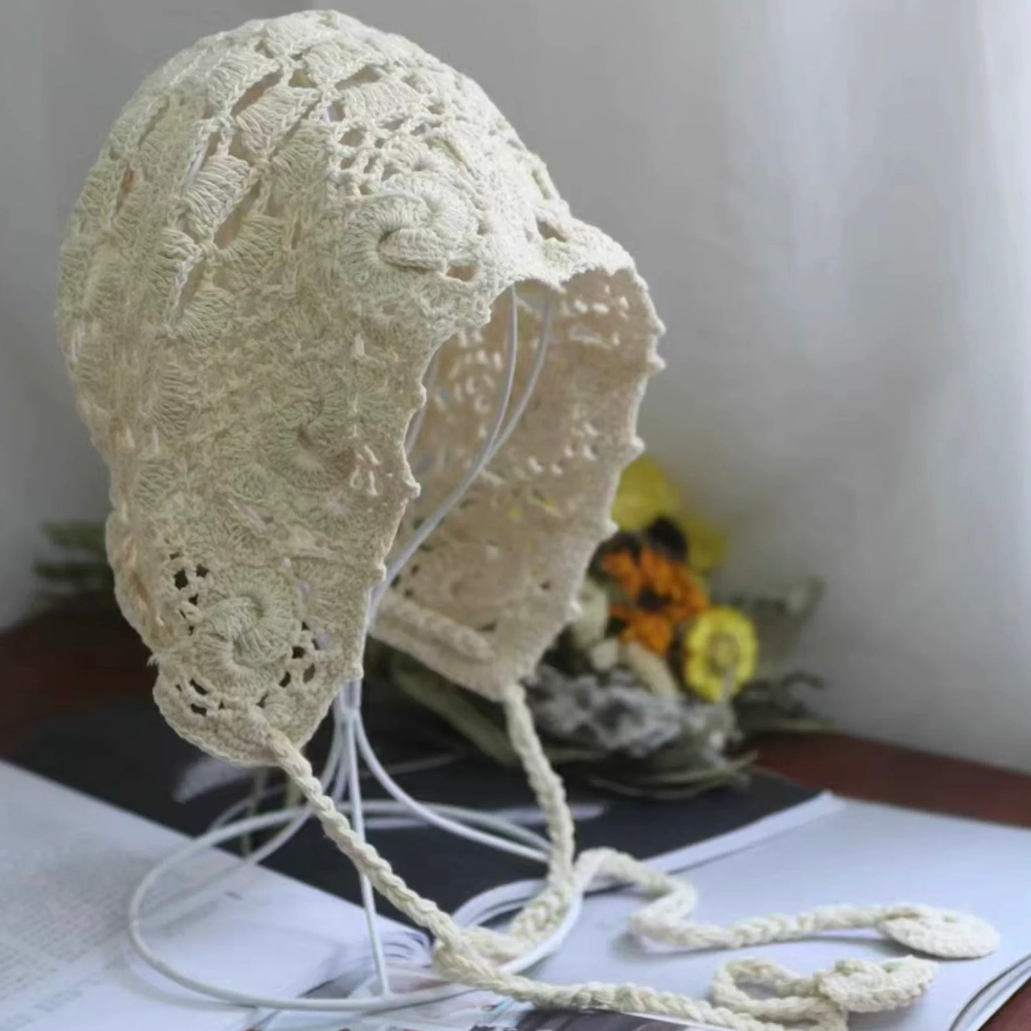 H34 Big Beige Strap Knitted Embroidery Hat