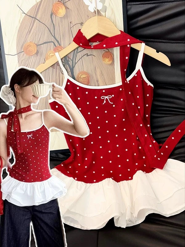 Mini Polka Dot White Layered Bottom Top With Strap