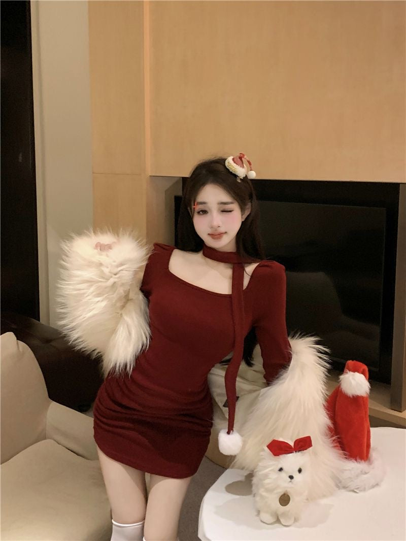 Christmas Wine Red Square Collar Long Sleeve Mini Dress C002