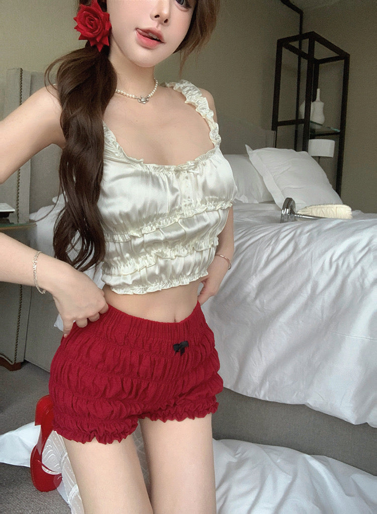 Wine Red Low Waist Puff Latern Short