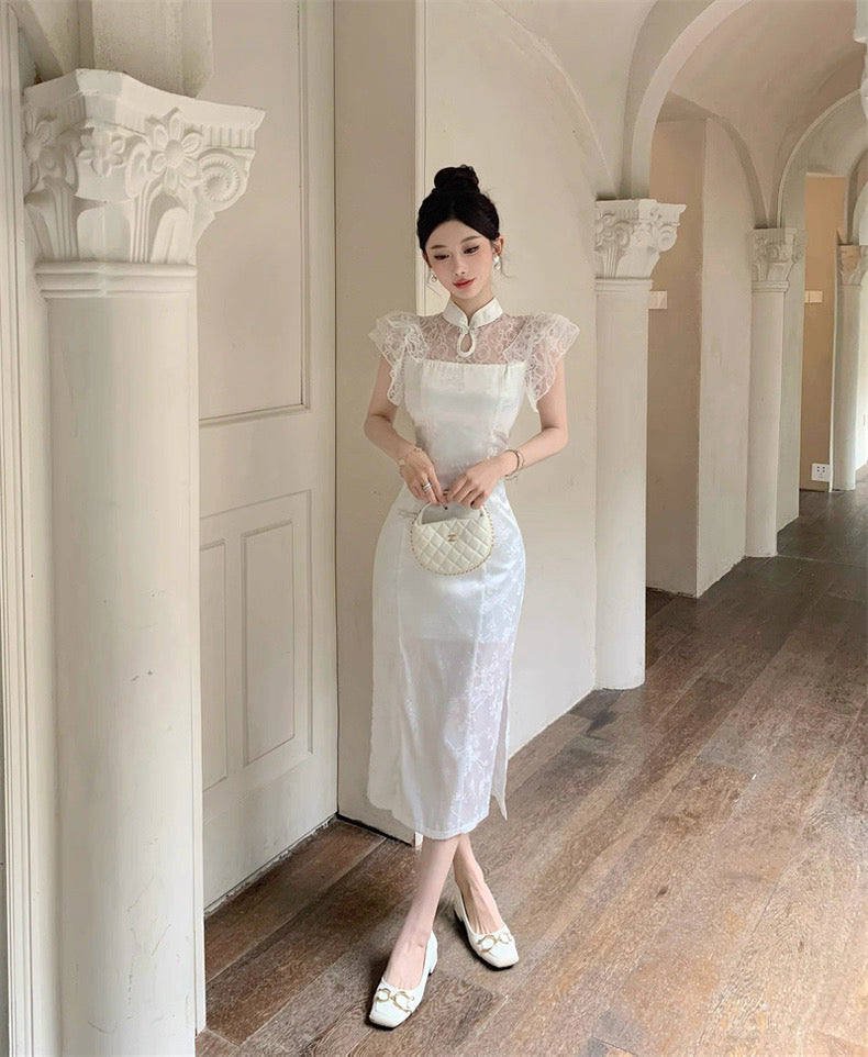 Lace Collar White Cheongsam CD001 Long Dress (S)