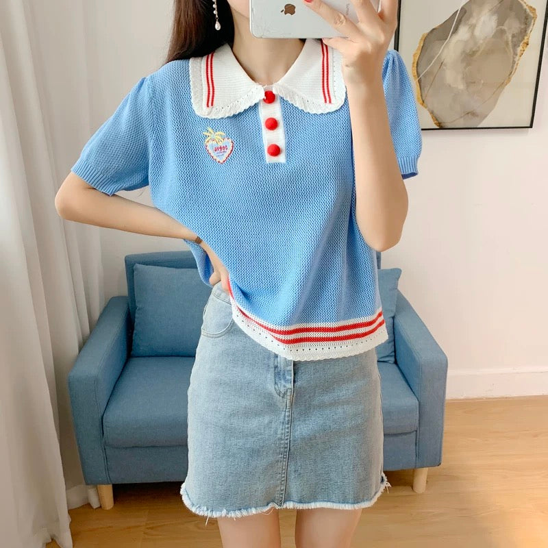 Blue Thin Knitted Short Sleeve Top