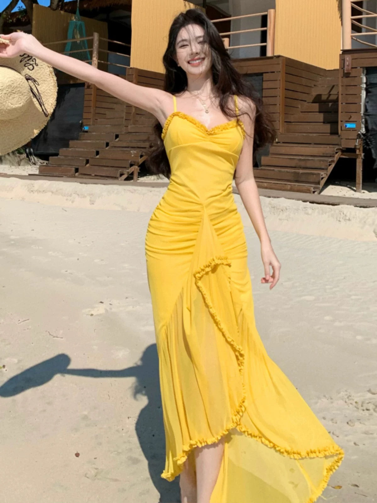 Yellow Unequal Strap Dress (S)