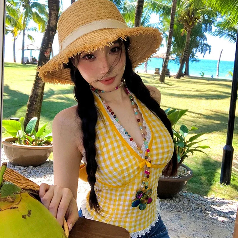 Round Lace V Collar Ginham Top With Pad 胸垫 (Yellow, Red)