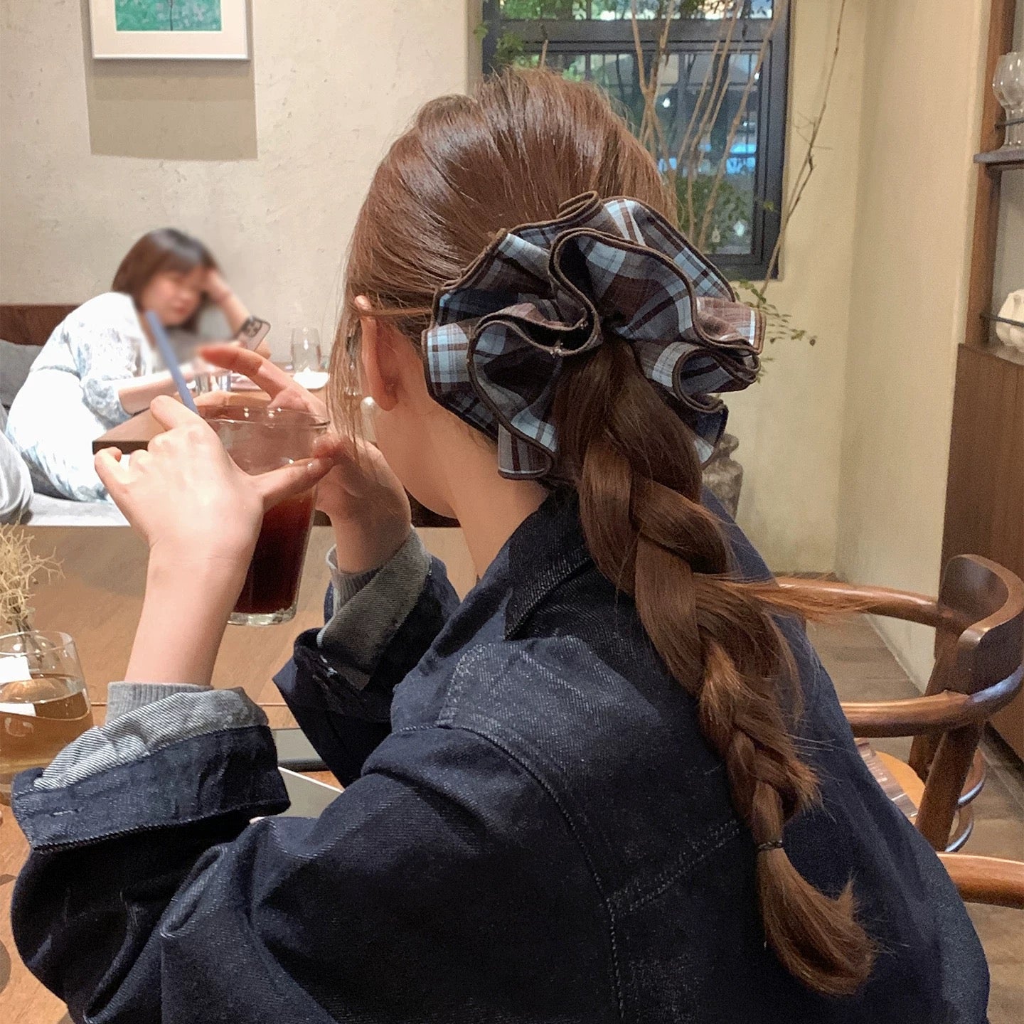 Korean Grid Blue Hair Rubberband