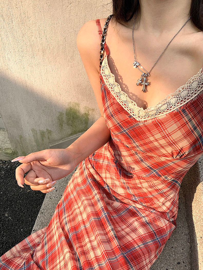 Red Grid Long Dress (XL)