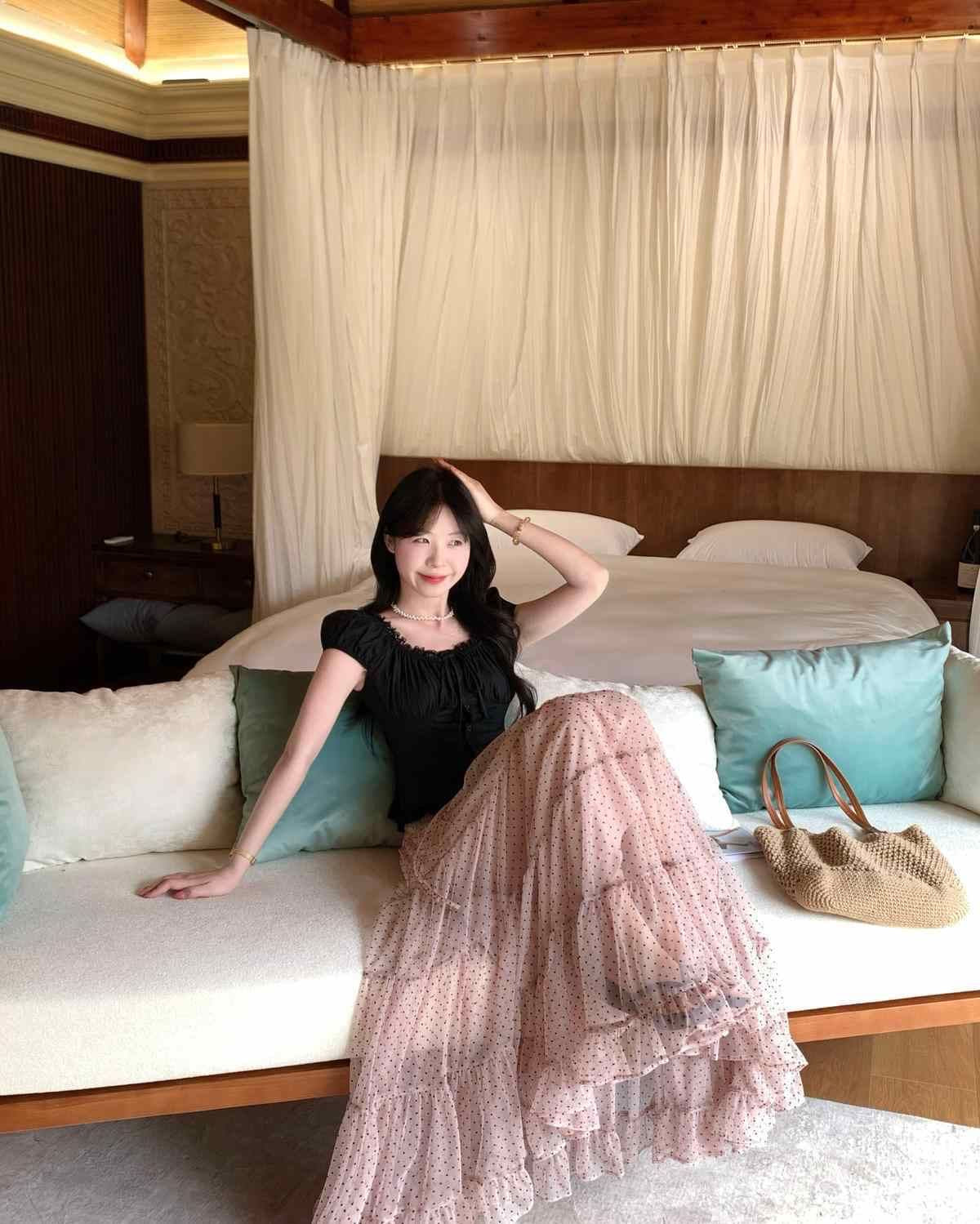 Black Top + Pink Polka Dot Mesh Skirt Two Piece Set