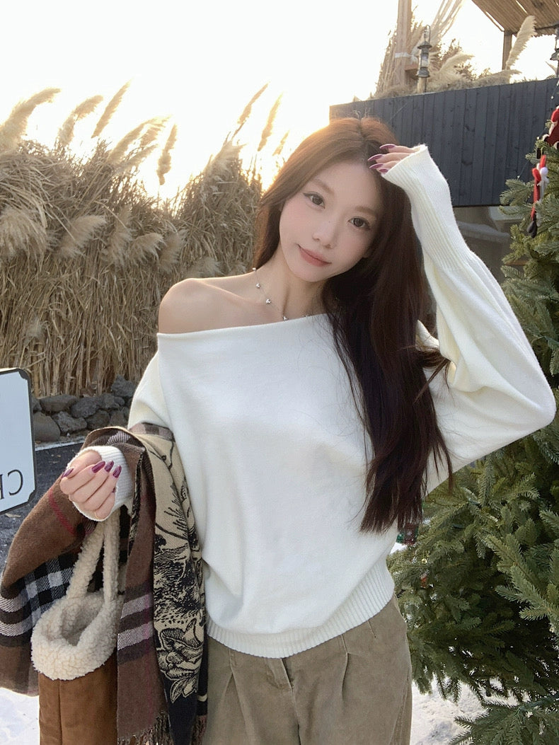 Off Side Shoulder Long Sleeve Knitted Top (Cream)