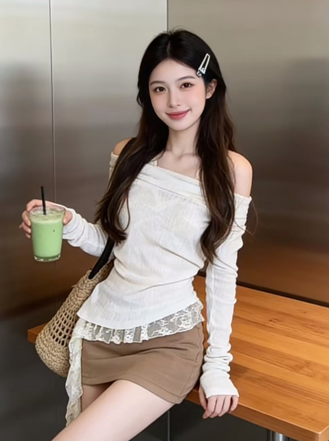 Beige Laces inner + Outer Top Two Piece Set
