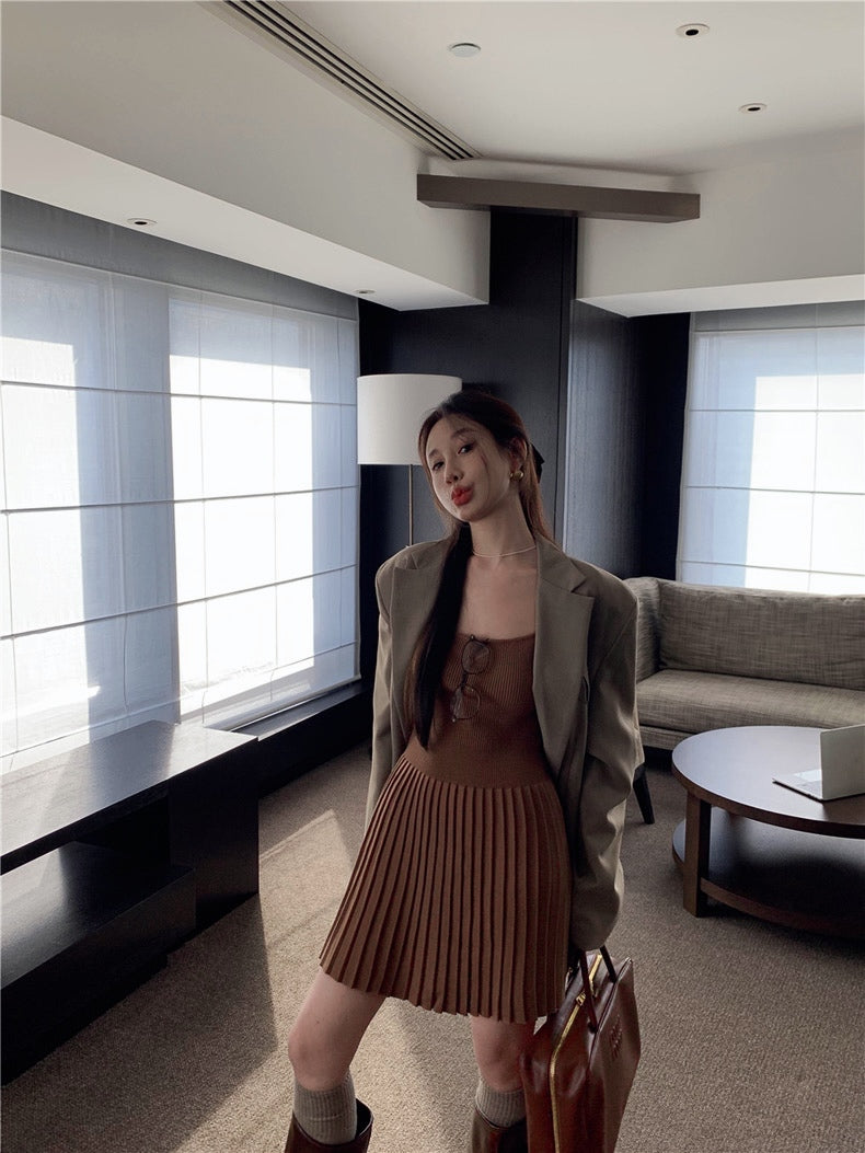 Knitted Long Sleeve Pleated Dress