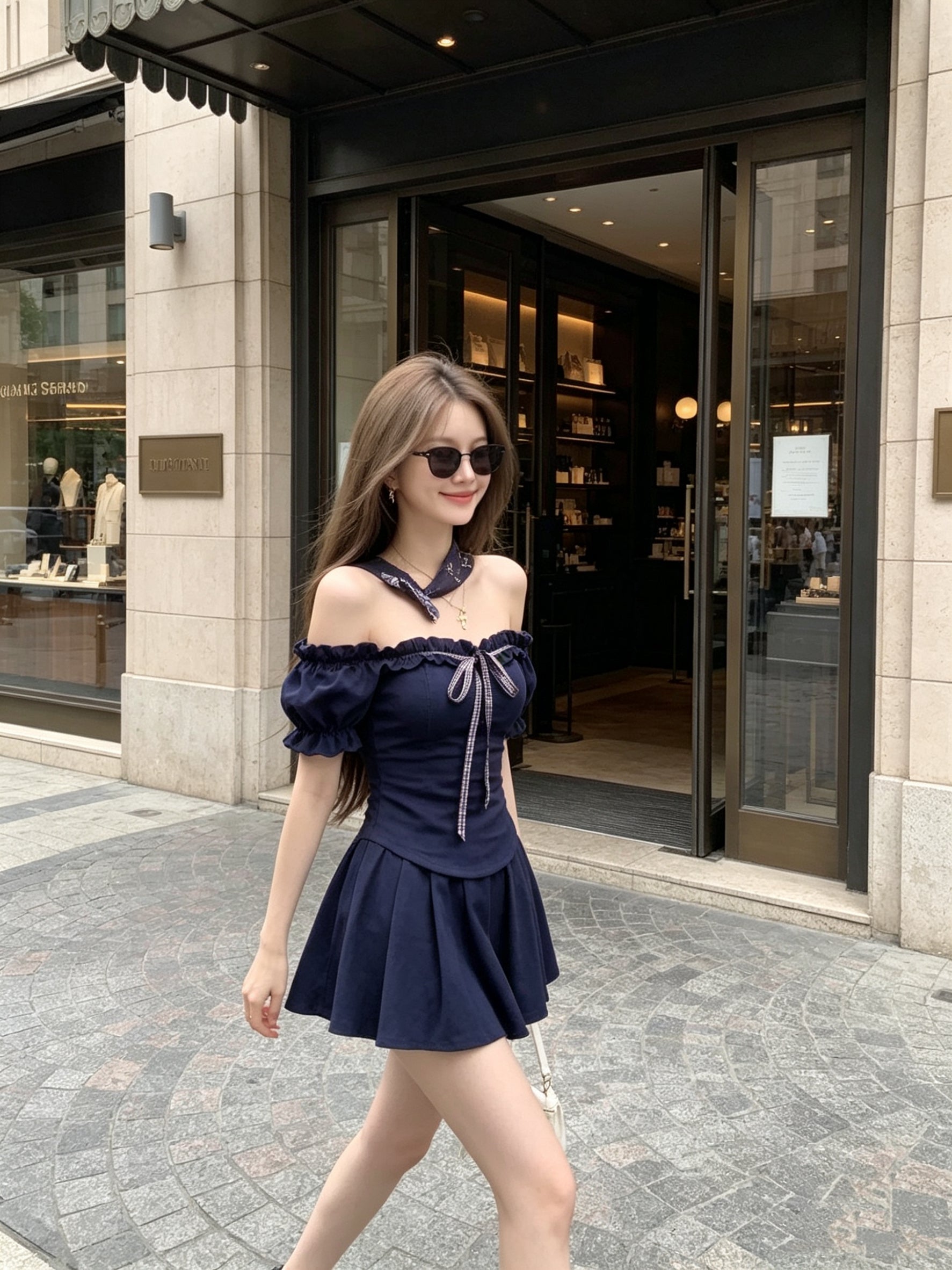 Off Shoulder Top + Blue Skort Two Piece Set (Navy, Khaki)
