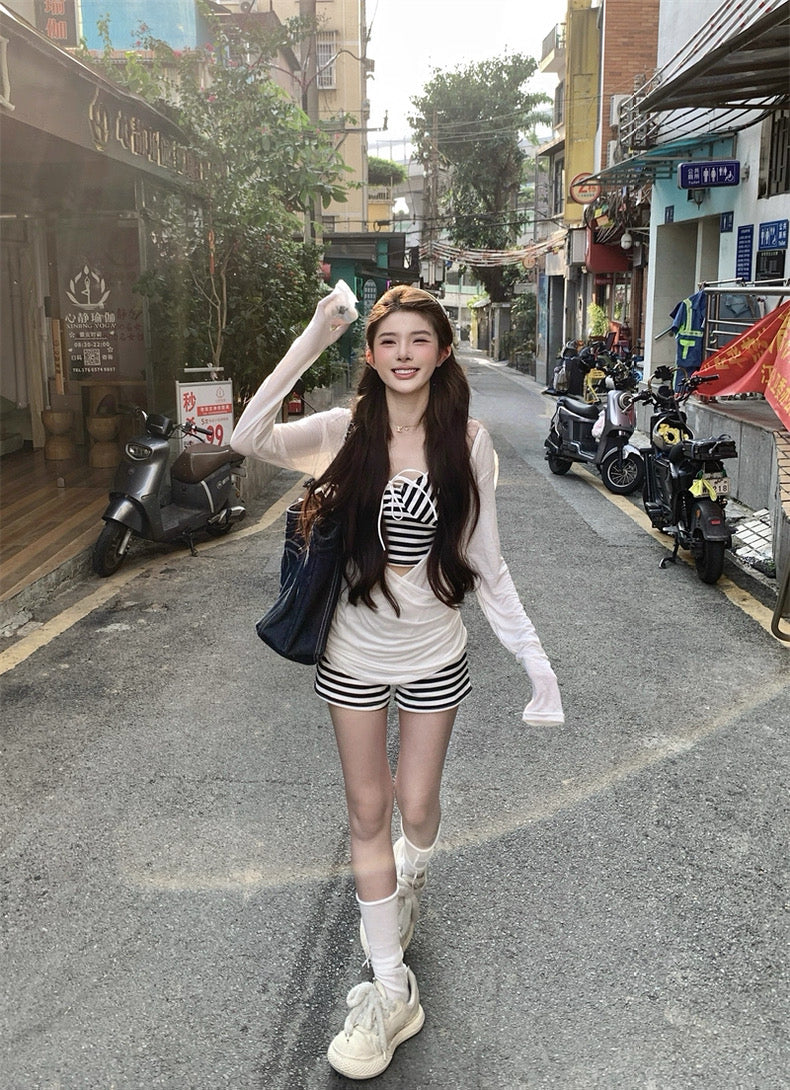 Stripe Singlet + Shorts + White Top Three Pieces Set