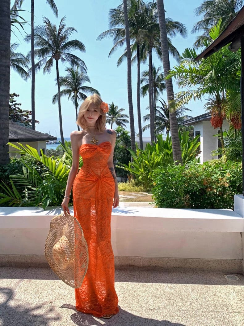 Orange Lacey Tube Long Dress (S)