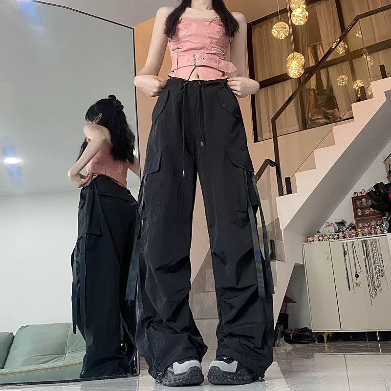 High Waist Strap Cargo Long Pants (Red, Black)