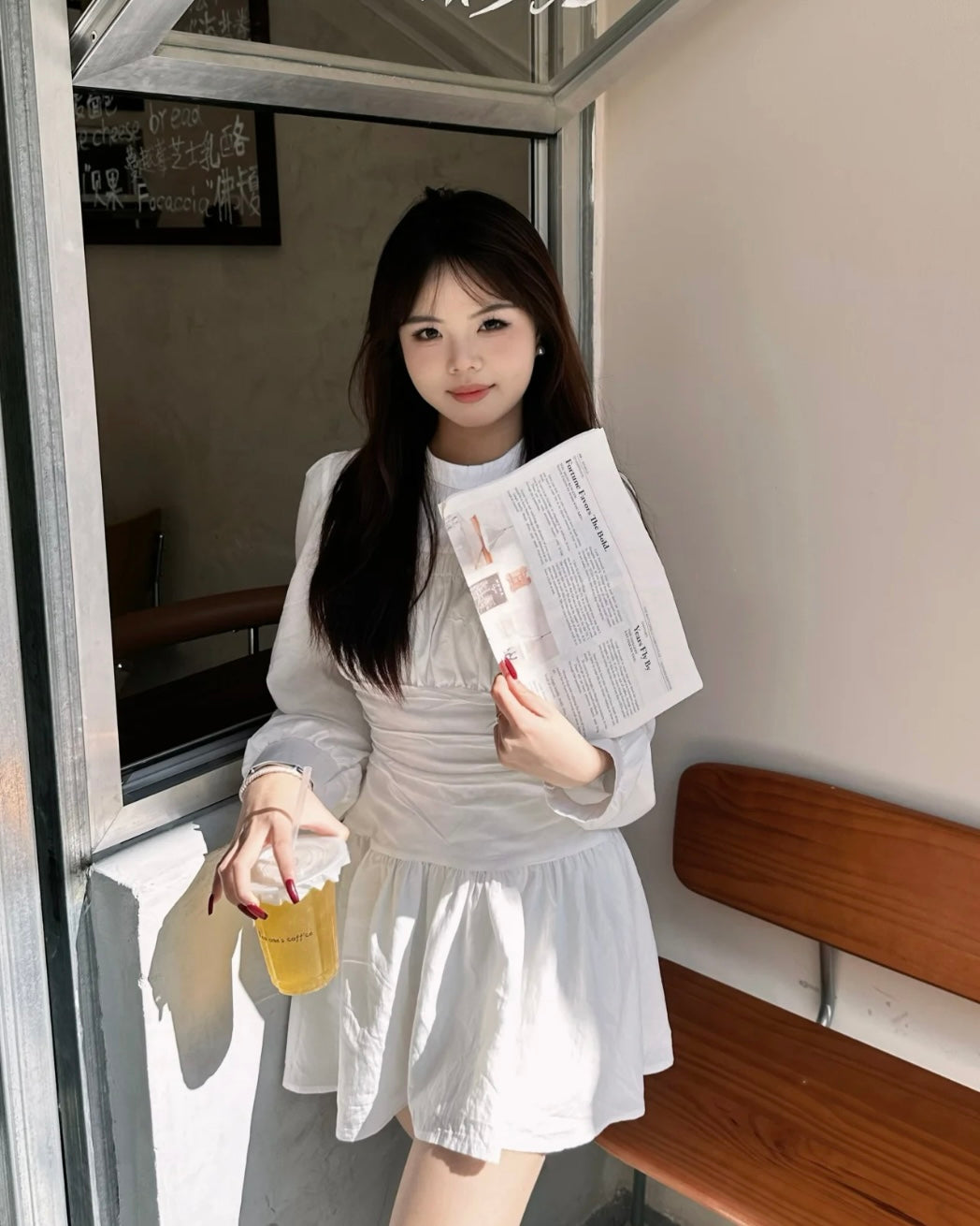 Round Collar Cream Long Sleeve Dress