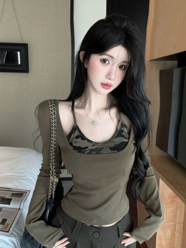 Army Print Long Sleeve Green/Grey Top