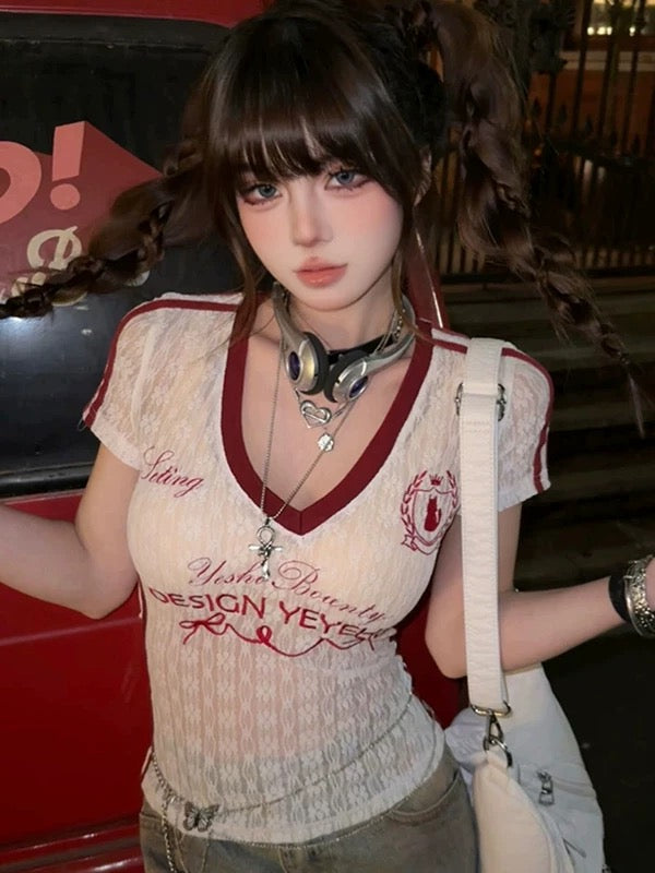 Red V Collar Laces Top