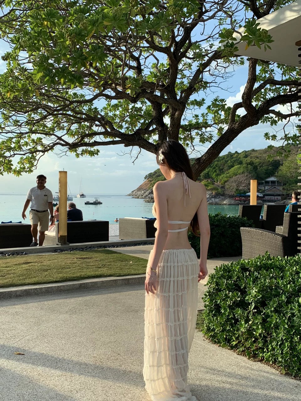 Layered Bareback Top + Long Skirt Two Pieces Set