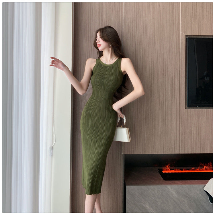 Sleeveless Khaki Knitted Long Dress