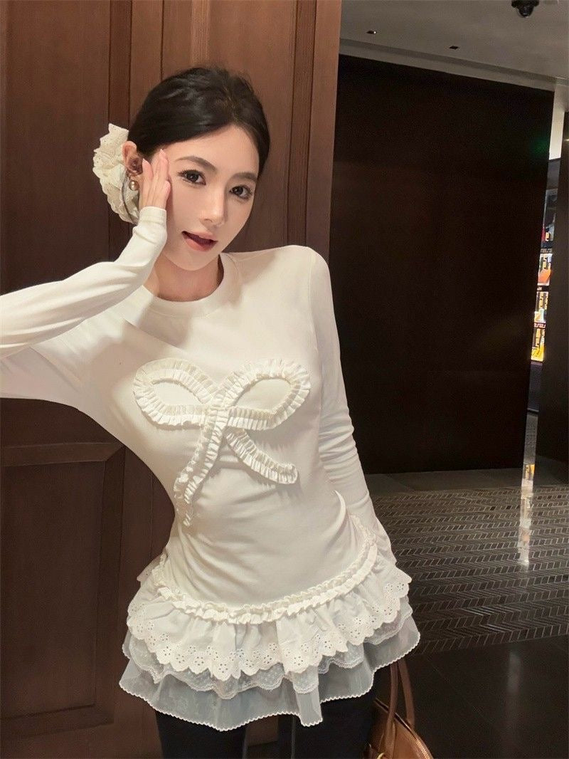 White Ribbon Long Sleeve Knitted Top