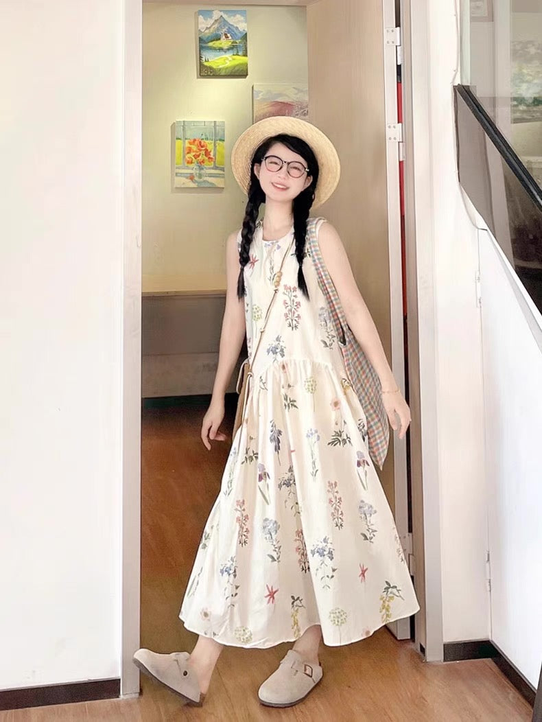 Mini Floral Beige Long Dress