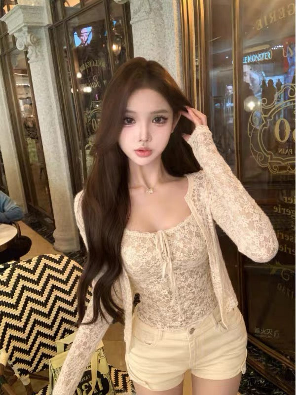 Embroidery Laces Top + Cardigan Two Piece Set