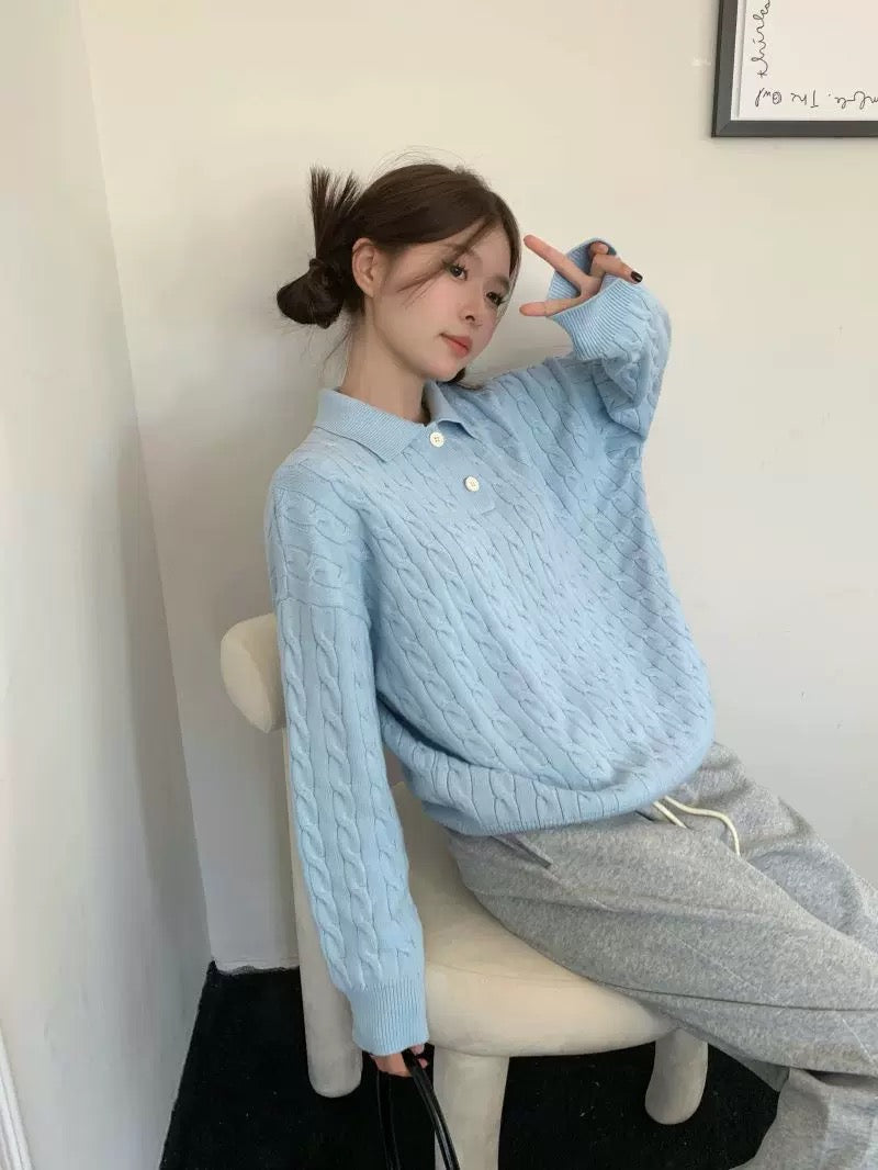 Collar Long Sleeve Cherry Knitted Top (Blue, Pink)