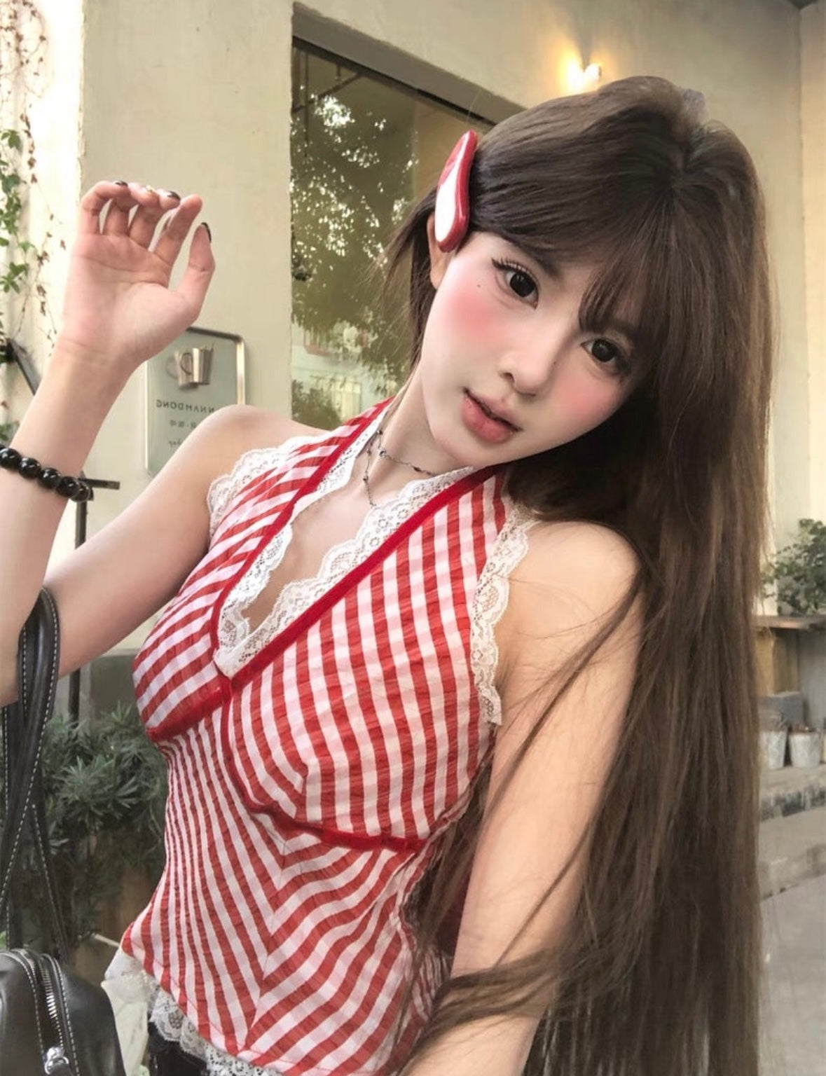 Round Lace V Collar Ginham Top With Pad 胸垫 (Blue, Red)
