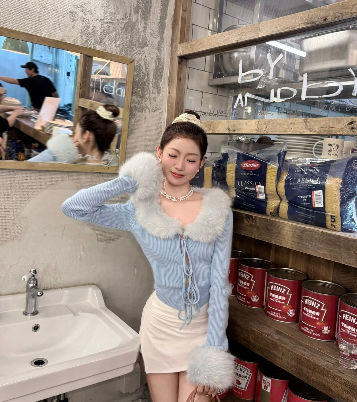 Furry Collar Long Sleeve Blue Top