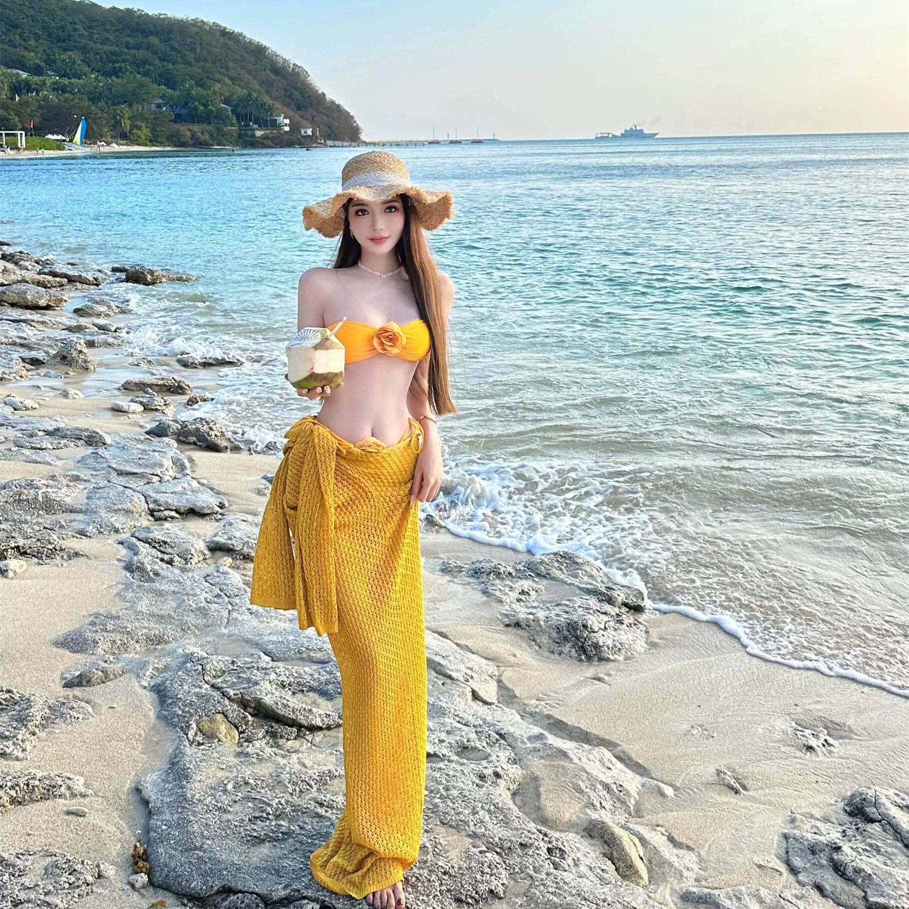 Bikini + Knitted Dress Three Pieces Set (Blue, Purple)