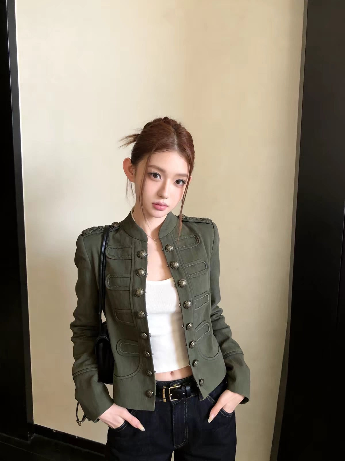 Button Long Sleeve Jacket (Black, Green)