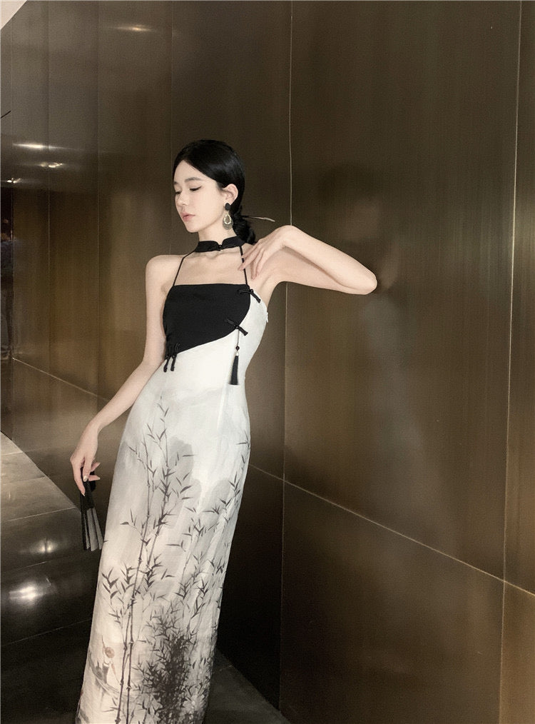 Black & White Cheongsam Long Dress (S, M)