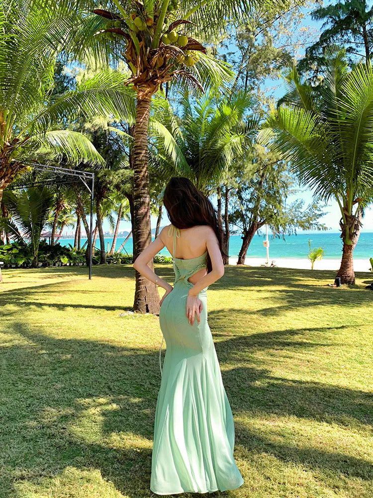 Butterfly Waist Cut Mint Green Long Dress (XS)