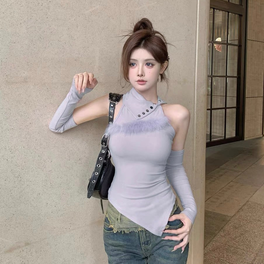 Halter Fur Sleeveless Top With Sleeve (White , Black)