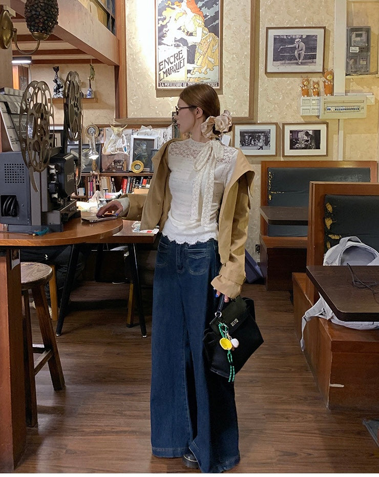 Ribbon Collar Wavy Bottom Long Sleeve Top (L/XL)