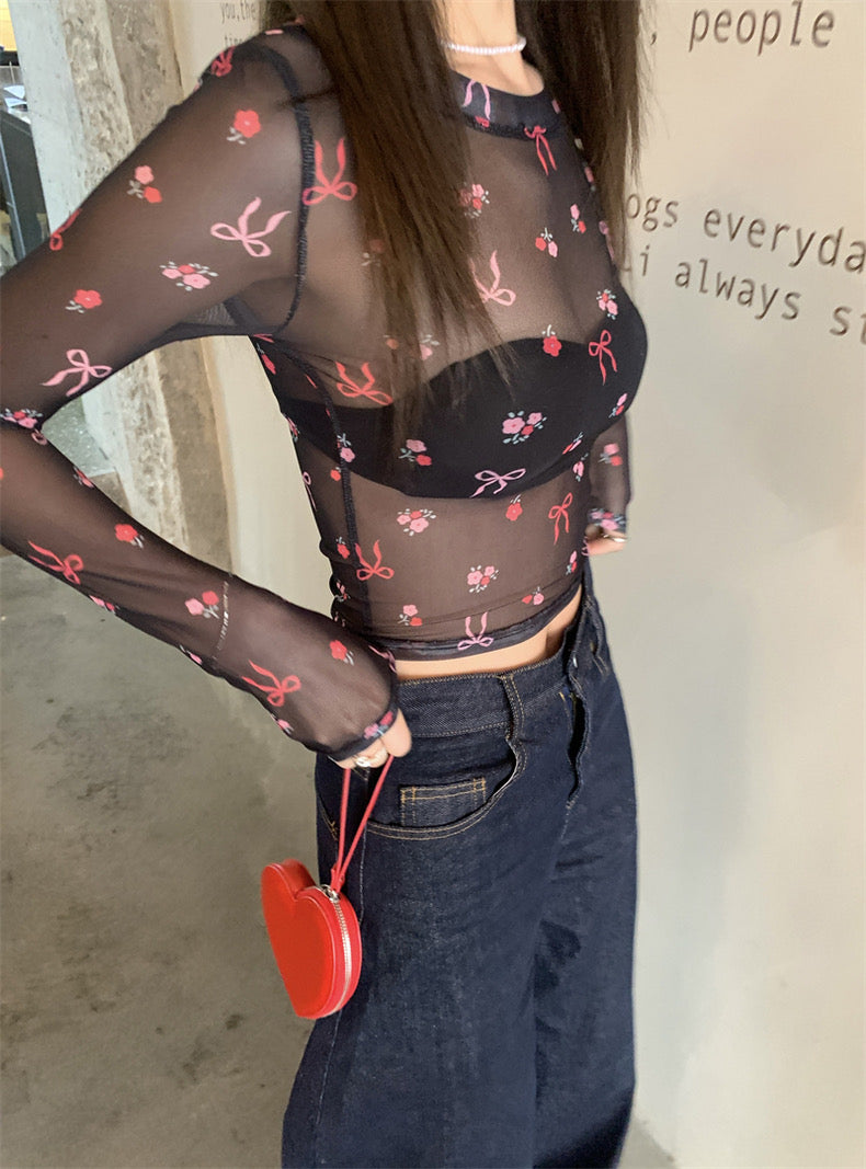 Pink Ribbons Thin Long Sleeve Mesh Crop Top Outerwear