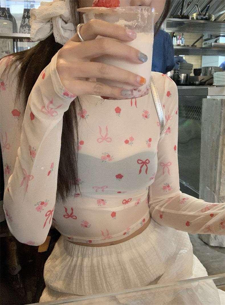 Pink Ribbons Thin Long Sleeve Mesh Crop Top Outerwear