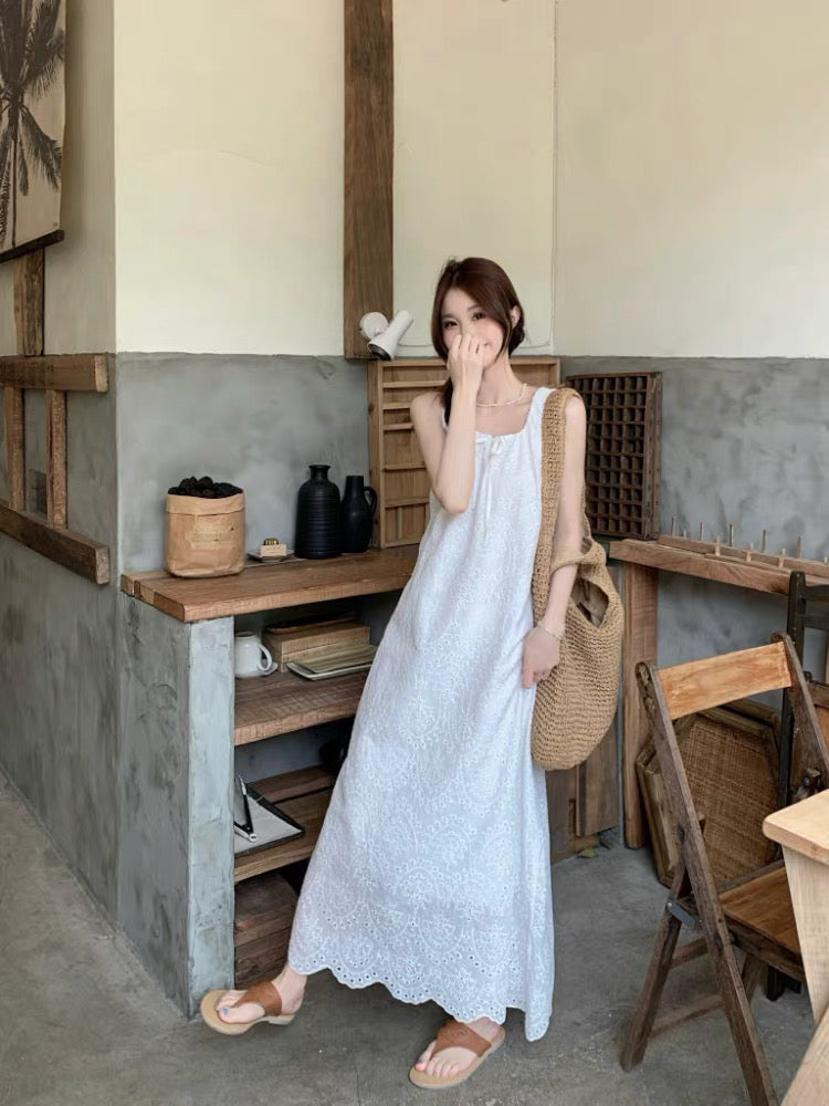U Collar Embroidery Long Dress (Beige, White)