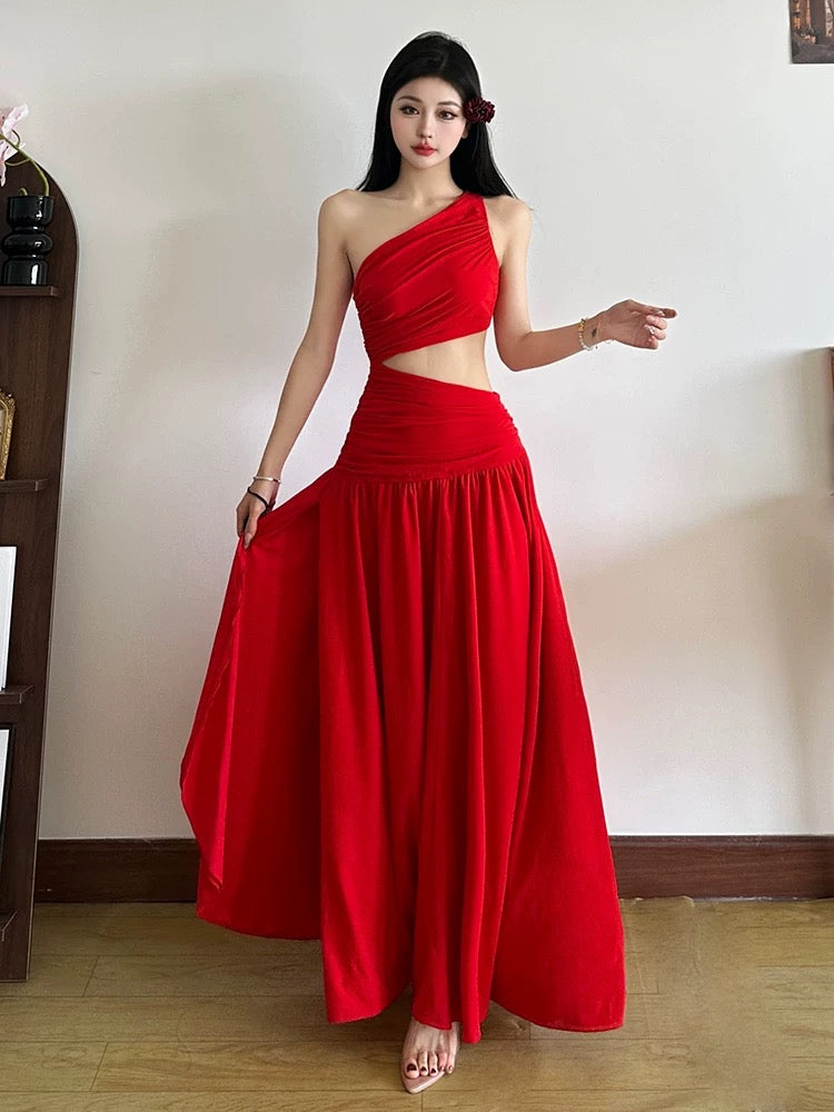 Red Side Waist Cut Long Dress (S)