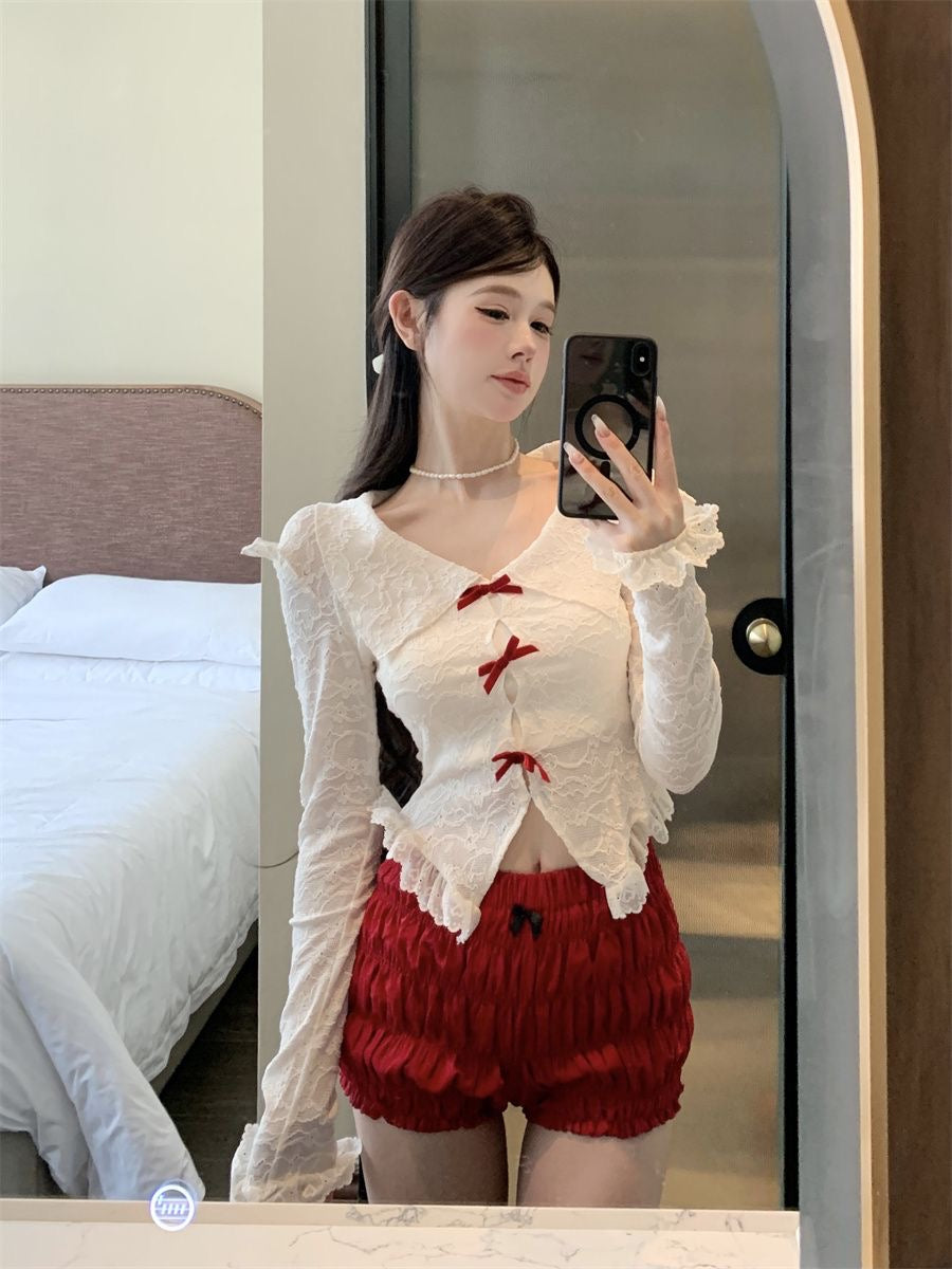 Wine Red Low Waist Puff Latern Short