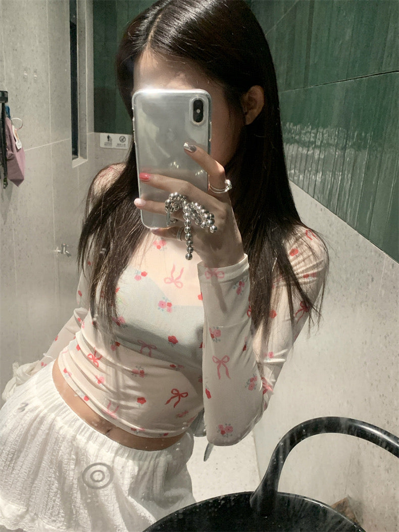 Pink Ribbons Thin Long Sleeve Mesh Crop Top Outerwear