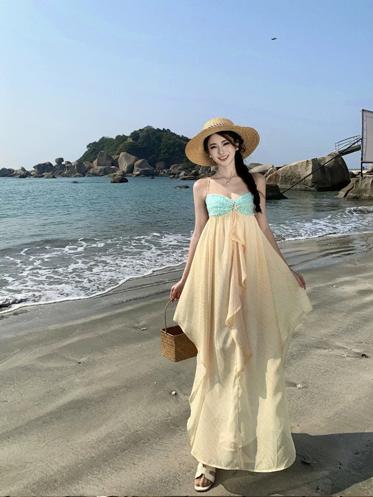 Mint Yellow Tube Chiffon Maxi Long Dress