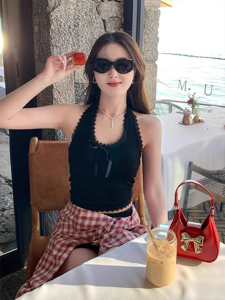 Round Lace V Collar Knitted Top (White, Grey, Black)