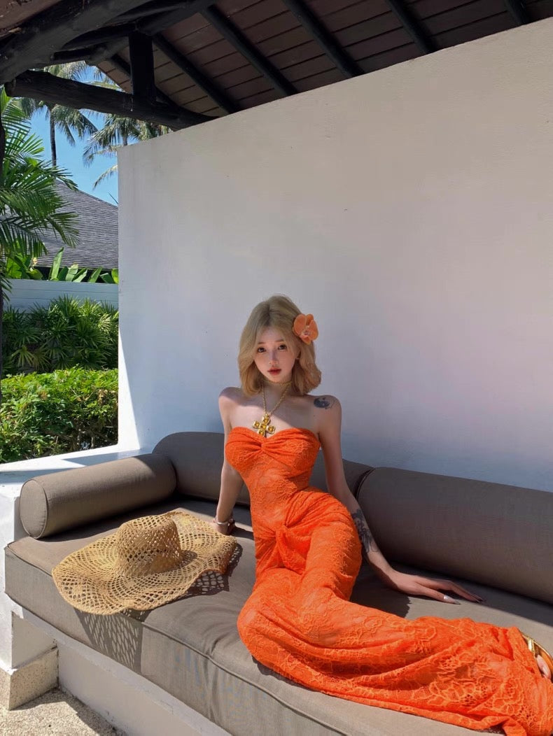 Orange Lacey Tube Long Dress (S)