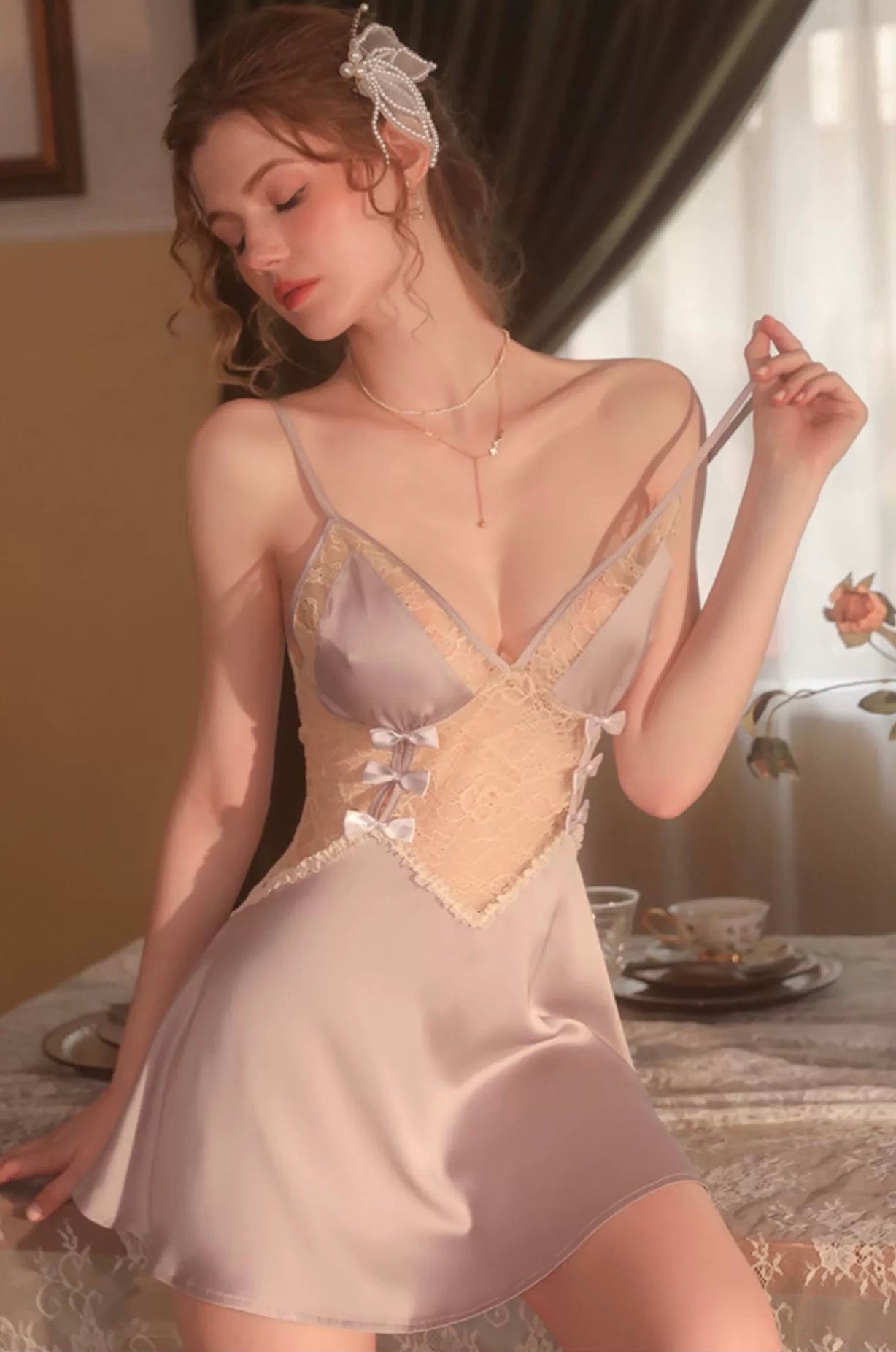 Mix Lacey Ribbons Dress Homewear Set Pyjamas
