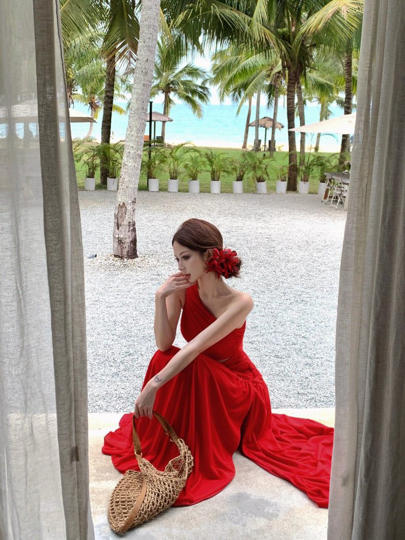 Side Waist Cut Long Dress (White, Red)