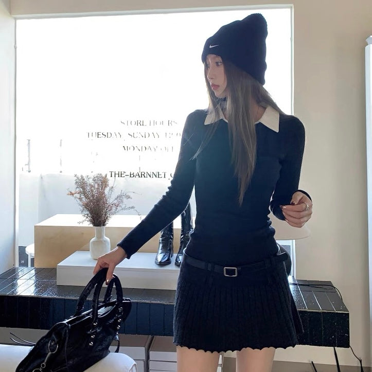 White Collar Black Long Sleeve Dress with Belt