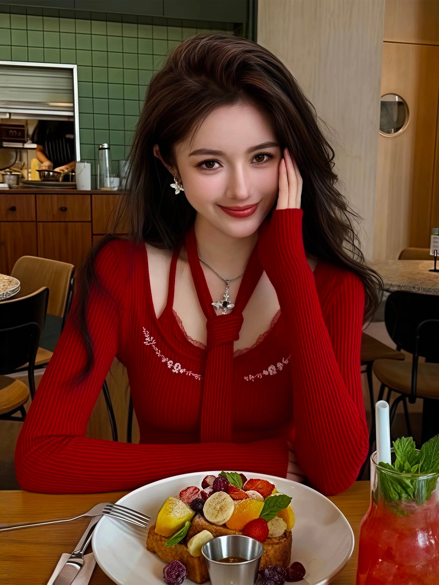 Knitted Long Sleeve Top with strap (Black, Wine Red)