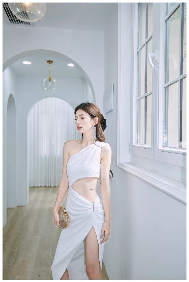 Summer Thin Side Waist Cut Long Dress (Black - S)